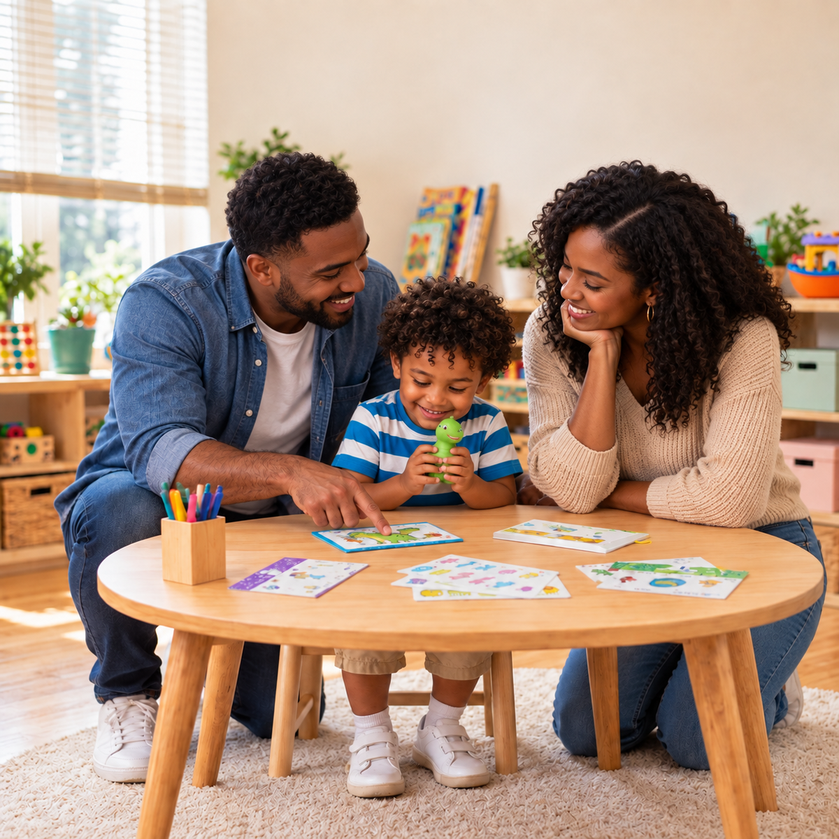 Parent and little talker playing with the dinosaur flash cards together